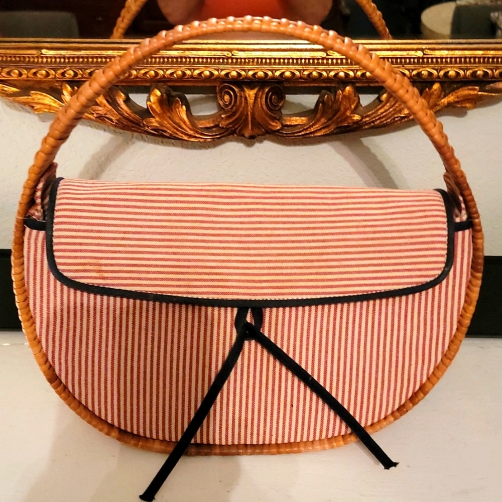 Barney's New York Striped Cotton/Wicker Tote Vintage